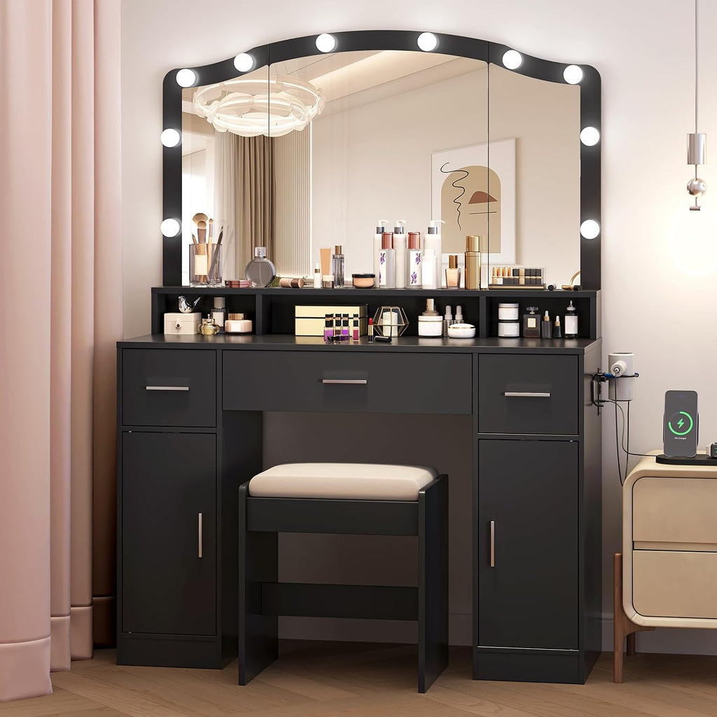 GarveeLife LED Lighted Vanity Desk for Girls & Women – Makeup Table with 10 Lighting Mirror, Charging Station, 3 Drawers, 2 Cabinets, Cushioned Stool – Bedroom Play Makeup Set – Color: Black