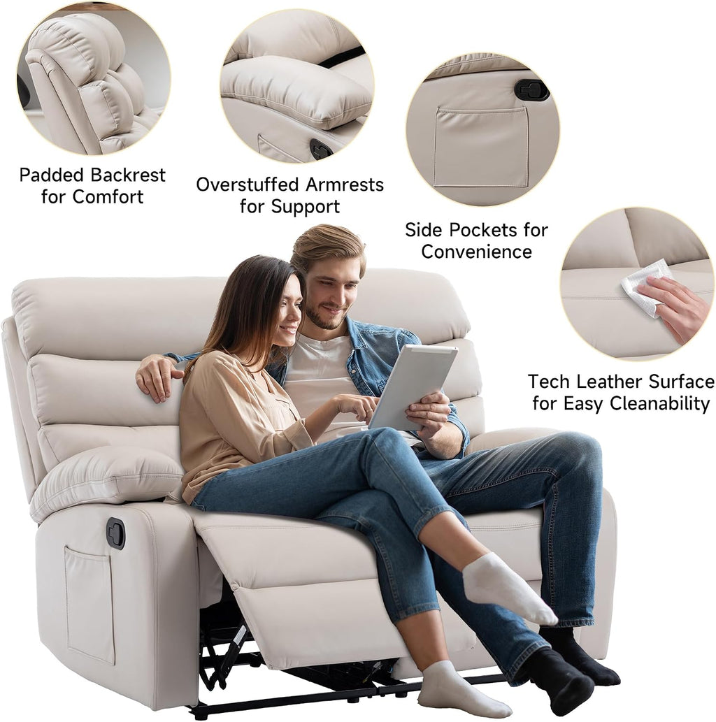 Double Recliner Loveseat, Leather Reclining Loveseat, 2 Recliners Set, Wall Hugger Loveseat Recliner Sofa for Living Room, RV, Home Theater Seating(Beige, 2 Seater Sofa)