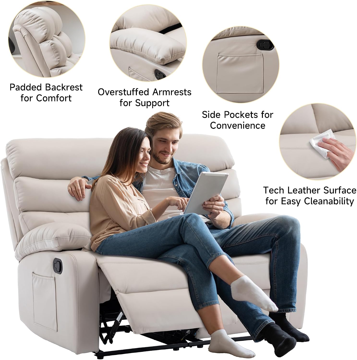 Double Recliner Loveseat, Leather Reclining Loveseat, 2 Recliners Set, Wall Hugger Loveseat Recliner Sofa for Living Room, RV, Home Theater Seating(Beige, 2 Seater Sofa)