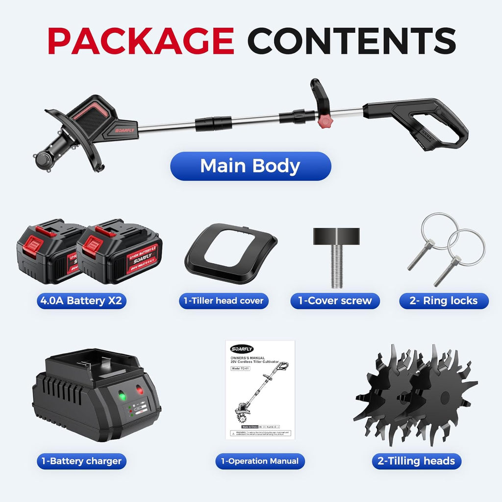 SOARFLY Upgraded Cordless Electric Tiller for Gardening, Total 8.0Ah Battery Powered Mini Cultivator with 2×4.0AH Batteries, 9' Width, 6.6' Depth, 48 Steel Tines Rototiller for Soil Cultivation