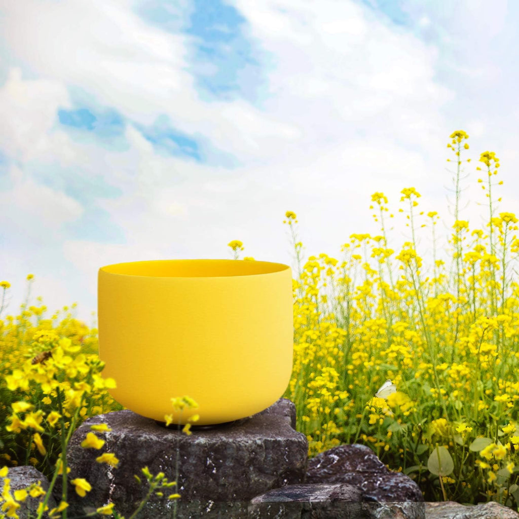 TOPFUND 440Hz Yellow E Note Crystal Singing Bowl Solar Plexus Chakra 10 inch with Heavy Duty Carrying Case and Suede Mallet
