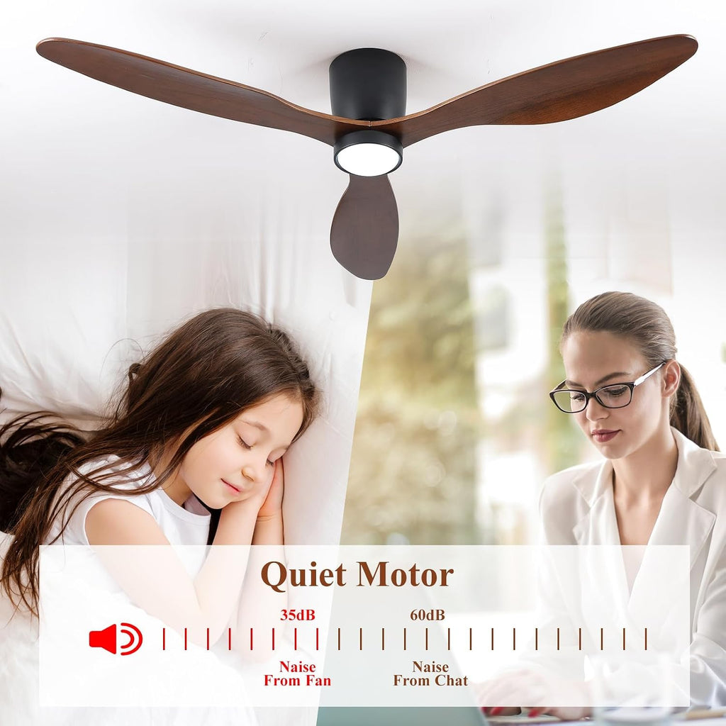 52 Inch Low Profile Ceiling Fan with Lights, Flush Mount Ceiling Fan, 3 Wood Blades, Noiseless DC Motor - Timer Function, 6 Adjustable Wind Speeds, for Patios, Bedrooms, Living Rooms(Walnut Wood)