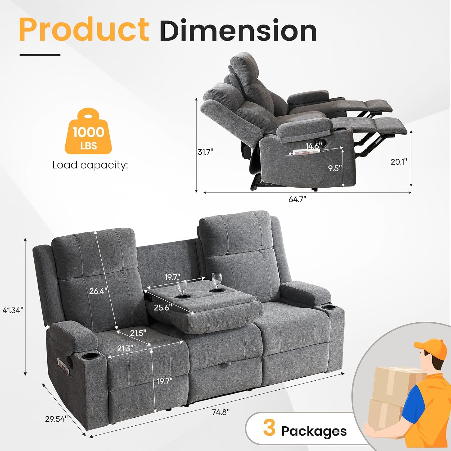 Loveseat Recliner Sofa,RV Loveseat Reclining Couch with Drop Down Table/ 4 Cup Holder/Hidden Storage, Wall Hugger Recliner Sofa for Living Room & Home Theater & RV
