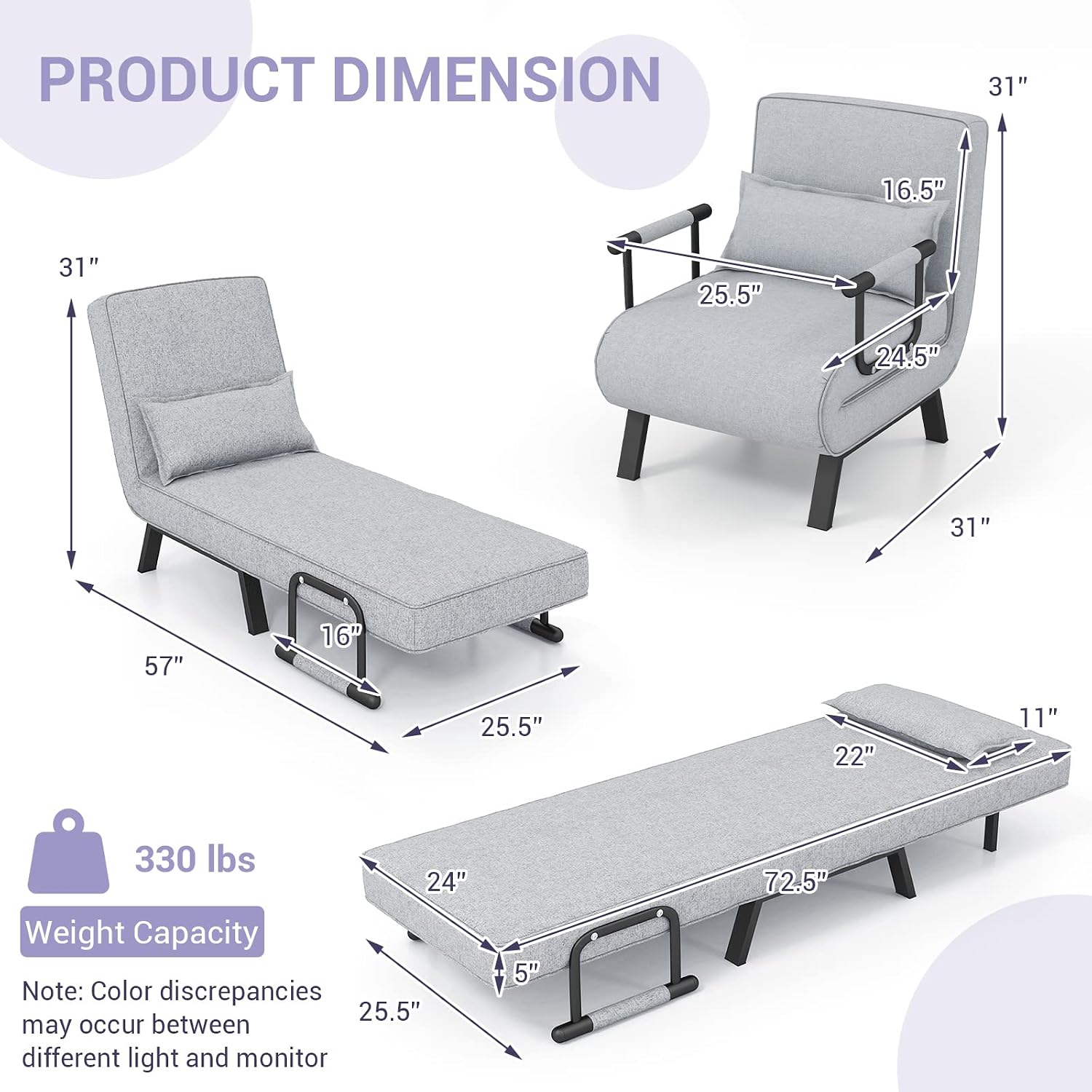 KOMFOTT Convertible Sleeper Chair Bed, 4-in-1 Folding Sofa Bed with 6-Position Adjustable Backrest, Upholstered Chaise Lounge with Removable Pillow, Leisure Recliner Lounge Couch for Home Office