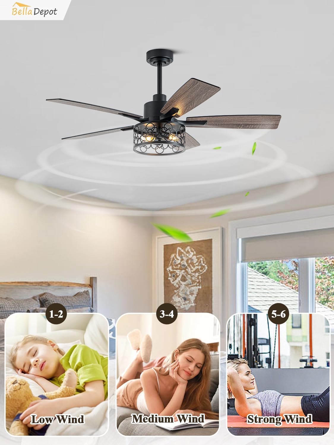Bella Depot 52' Ceiling Fan with Light, Farmhouse Caged Chandelier Fan with Lights and Remote, Vintage Rustic Indoor Fandelier with Silent Motor for Dining Living Room Bedroom, (Bulbs not Included)