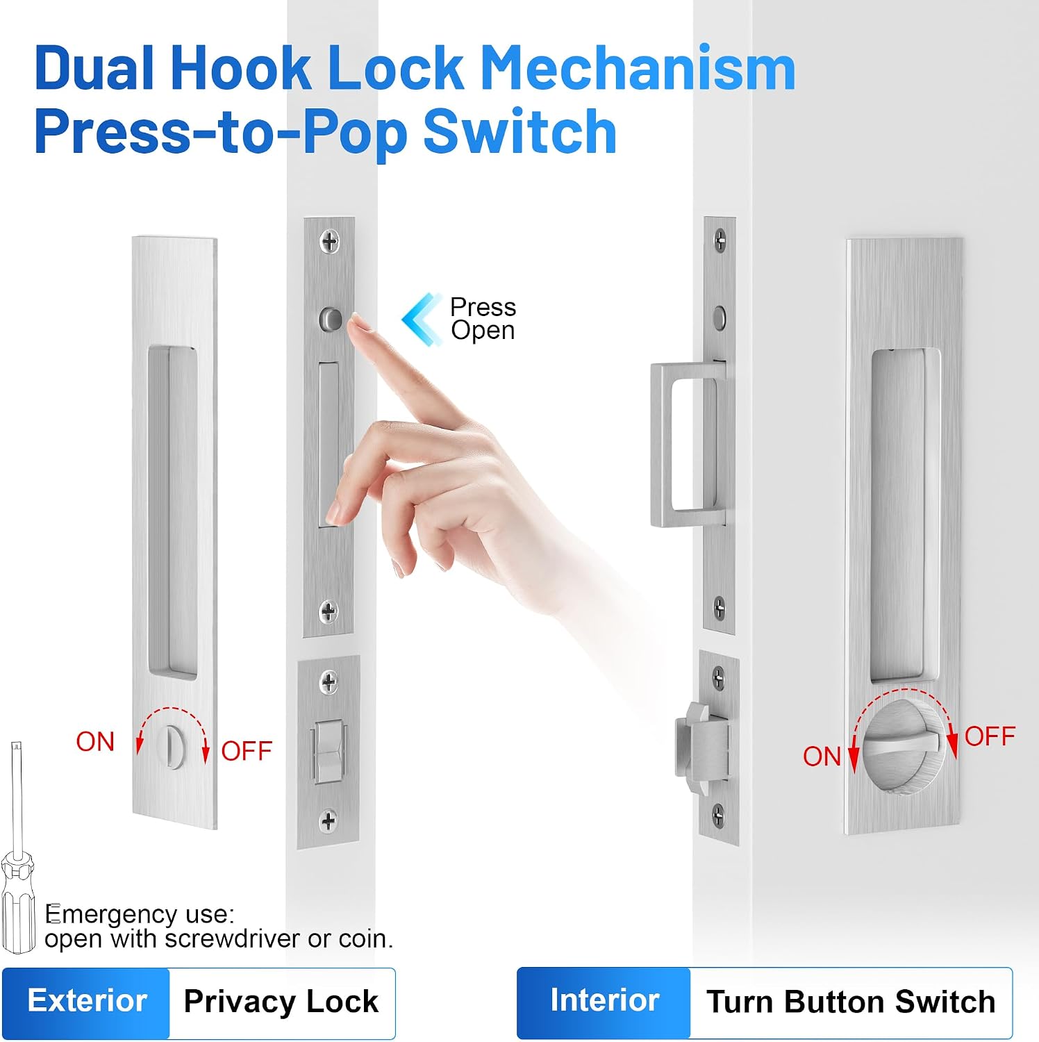 Dontay Pocket Door Handle and Edge Pull, Narrow Modern Rectangular Keyed Entry Function, Recessed Sliding Door Hardware for 1 3/8' to 2 3/16' Thickness Door (Privacy Lock, Brushed Nickel, 2 Pack)