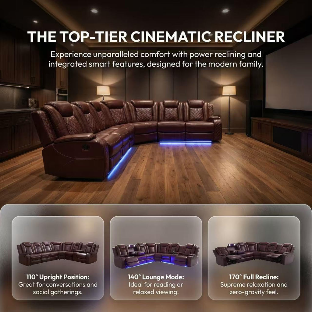 A Ainehome Power LED Reclining Sectional Sofa Set, Living Room Power Recliner Adjustable Sofa, Loveseat and Chair with Storage Console for Home/Office(A-Brown)