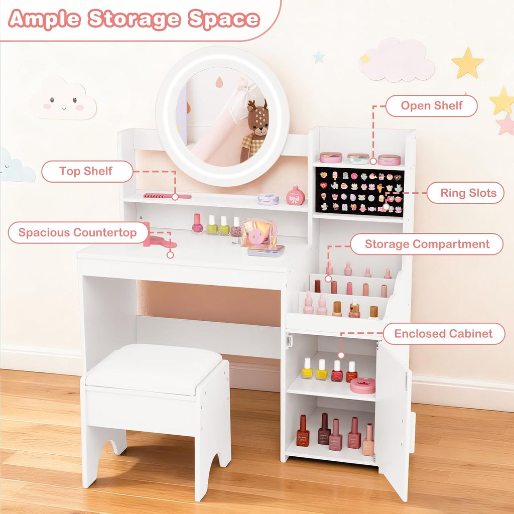 INFANS Kids Vanity with Lights, Princess Makeup Desk with Mirror Storage Shelves, Toddler Table and Chair Set Pretend Play for Girls Aged 4-9 (Cream White)