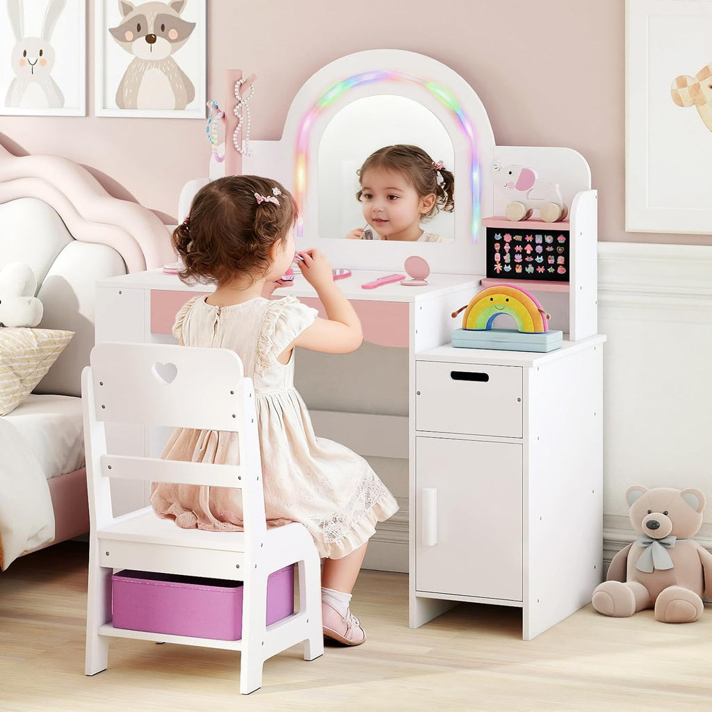 INFANS Kids Vanity with Lights, Princess Makeup Desk with Mirror, Jewelry Hanger, Fabric Drawers, Toddler Table and Chair Set Pretend Play for Girls