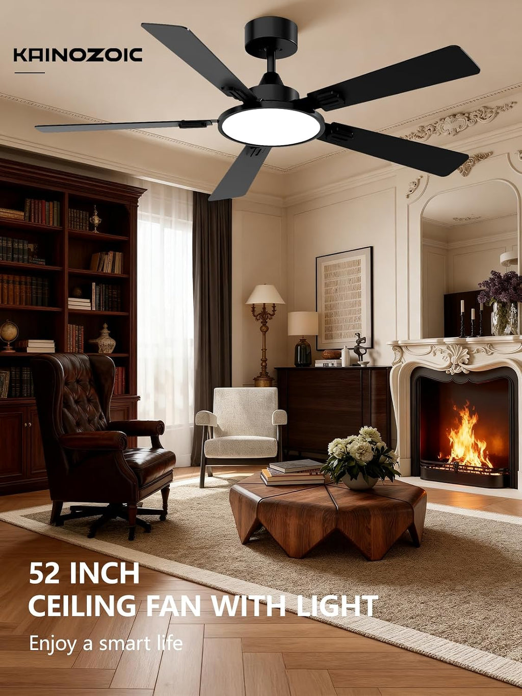 52 Inch Ceiling Fan with Light App&Remote Control Dual Finish Blades Flush Mount Dimmable LED Light Quiet Reversible Motor Black Ceiling Fan for Bedroom Living Room Apartment