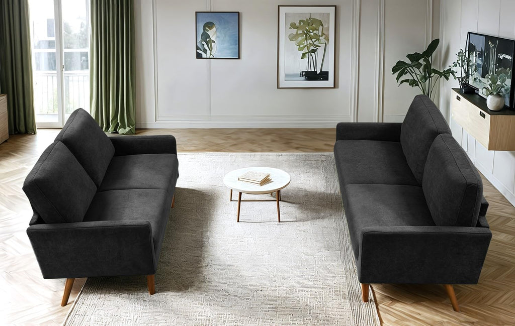 Kent 2 Piece Velvet Sofa and Loveseat Set, European Style with Modern & Vintage Flair, Upholstered 5 Seater Couch, Chic Living Room Furniture Seating for Home, Apartment or Office, Black