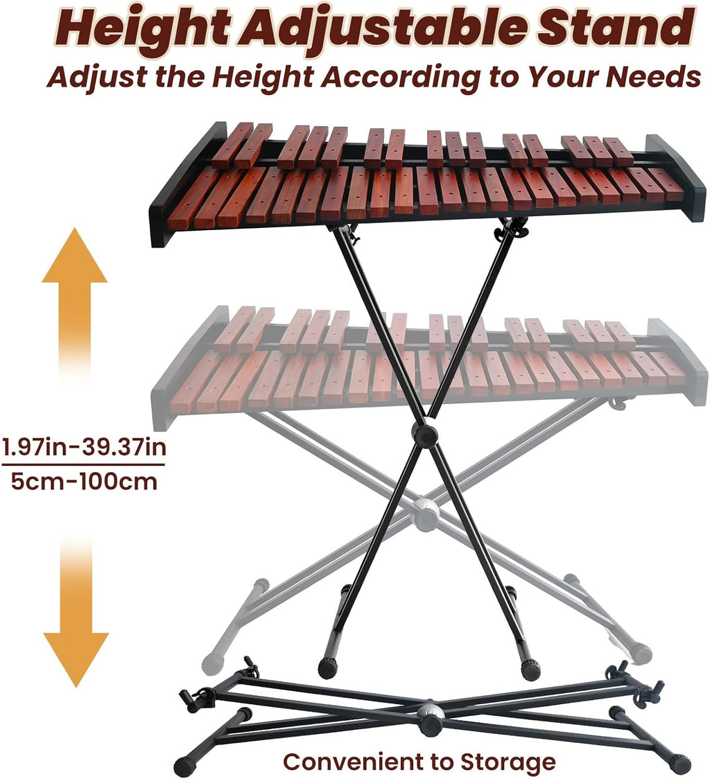 37 Notes Glockenspiel 37-Key Wooden Xylophone Professional Marimba Glockenspiel Xylophone with Adjustable Height Stand Xylophones Instrument Kit with Mallets & Bag