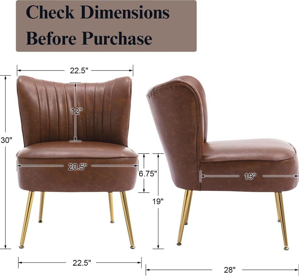 PU Leather Accent Chair Set of 2 - Comfy Armless Slipper Mid Century Side Chair With Golden Legs - Wingback Single Sofa for Living Room, Bedroom, Guest Room - Brown