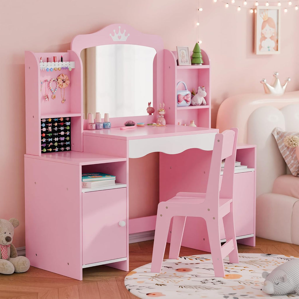 MU Kids Vanity, Girl Vanity Set with Mirror and Stool, 2 in 1 Toddler Makeup Vanity Table with Jewelry Storage, Wooden Princess Makeup Desk Dressing Table for Little Girls, (Pink)
