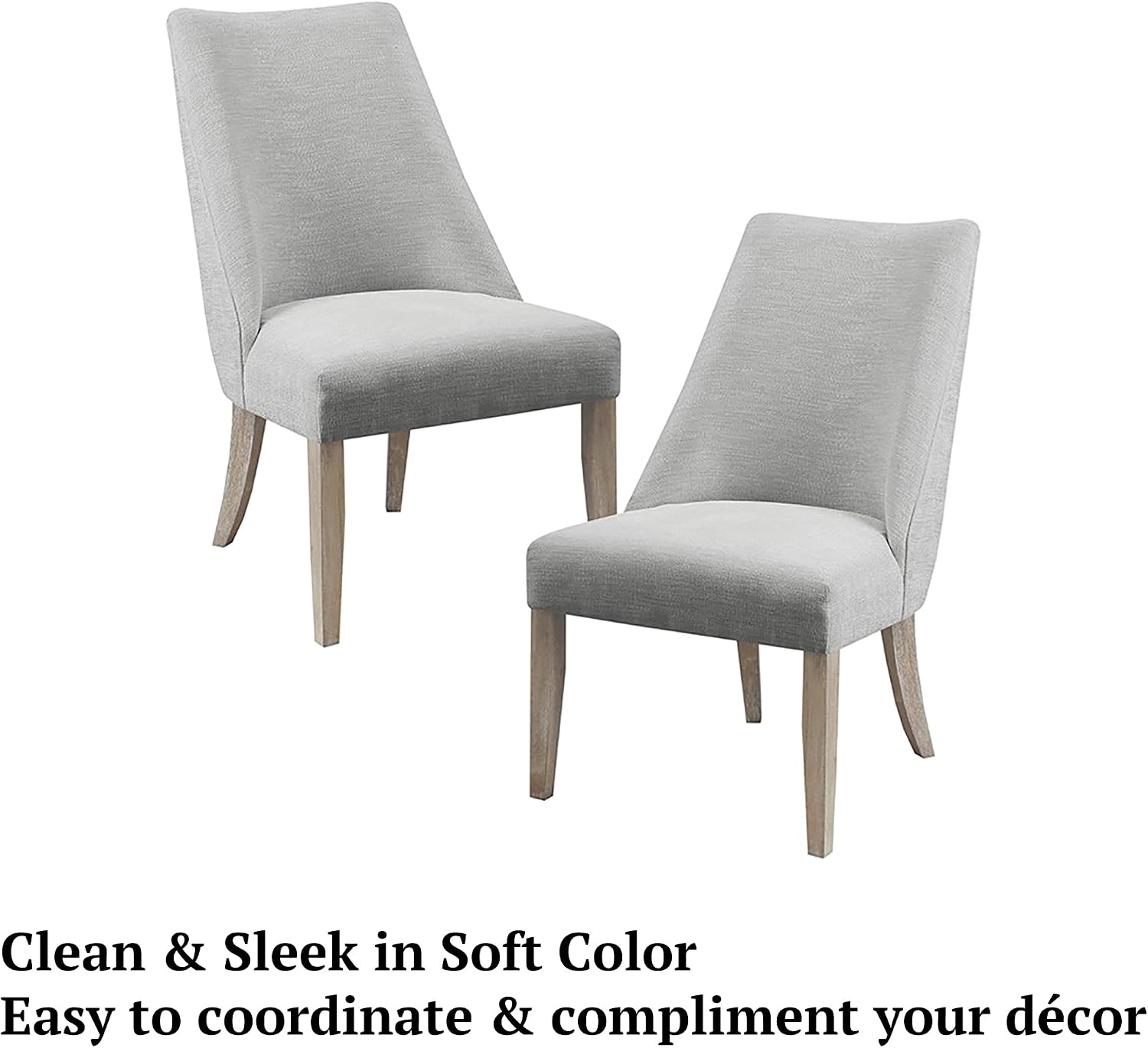 Martha Stewart Winfield Upholstered High Back Accent Dining Chairs Set of 2, Padded Seat, Solid Wood Legs, Chambray Jacquard Textured Fabric, Cottage, Farmhouse for Kitchen, Room, Light Grey