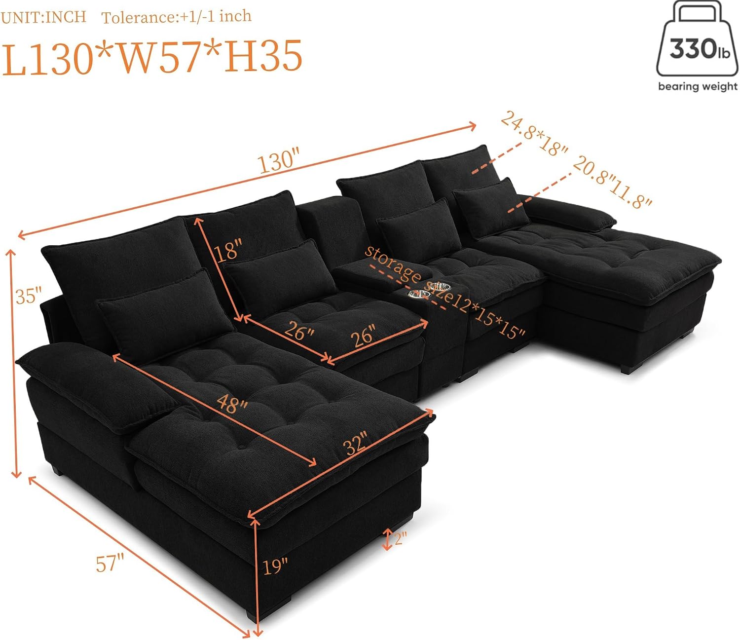 KEIKI 6 seat U-Shaped Sofa with Storage Console, Cup Holders, 130' Upholstered Sectional Sofa, Button Tufted Cloud Cushion Couch for Home, Office, Black