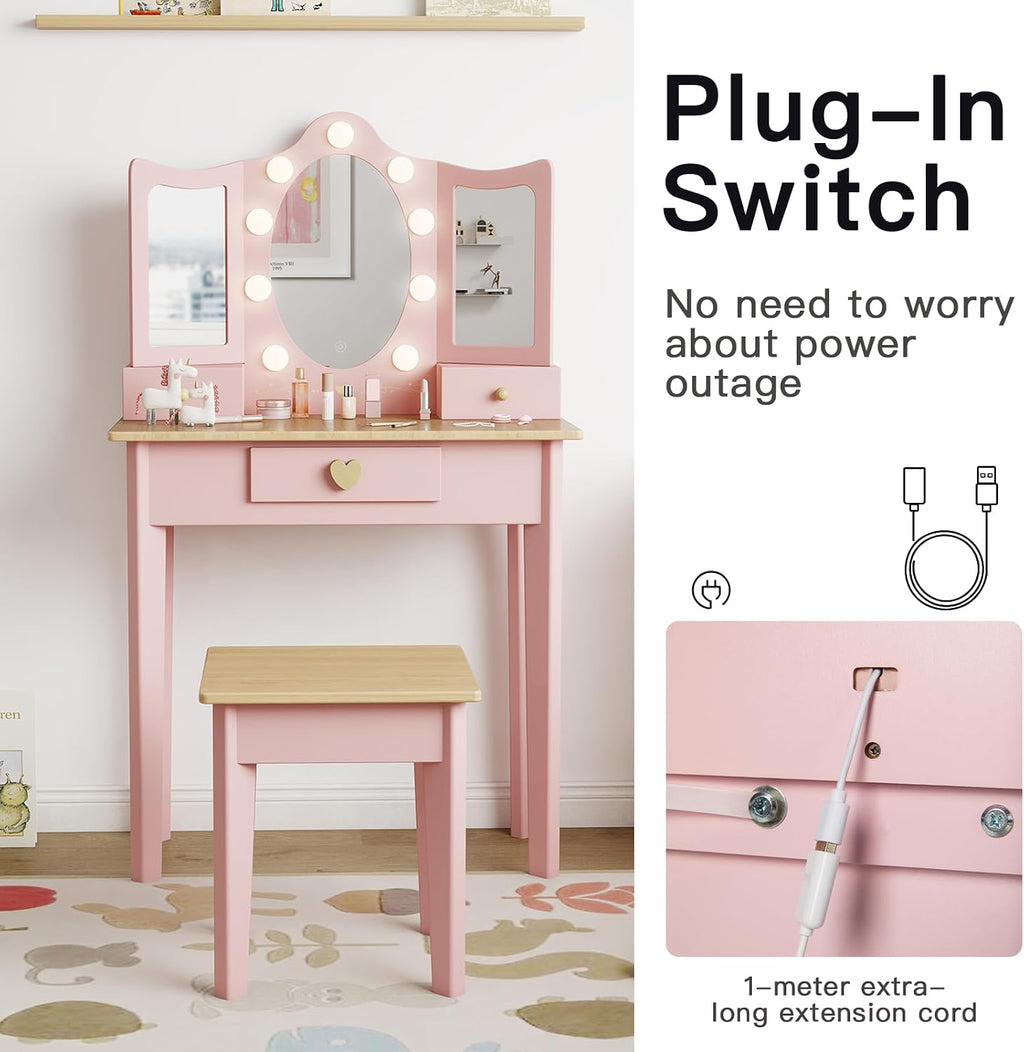 labebe Kids Vanity, Girls Vanity Desk with LED Changing Lights, Pretend Play Princess Vanity Set, Wooden Toddler Makeup Desk Dressing Table with Drawer and Chair (Pink)