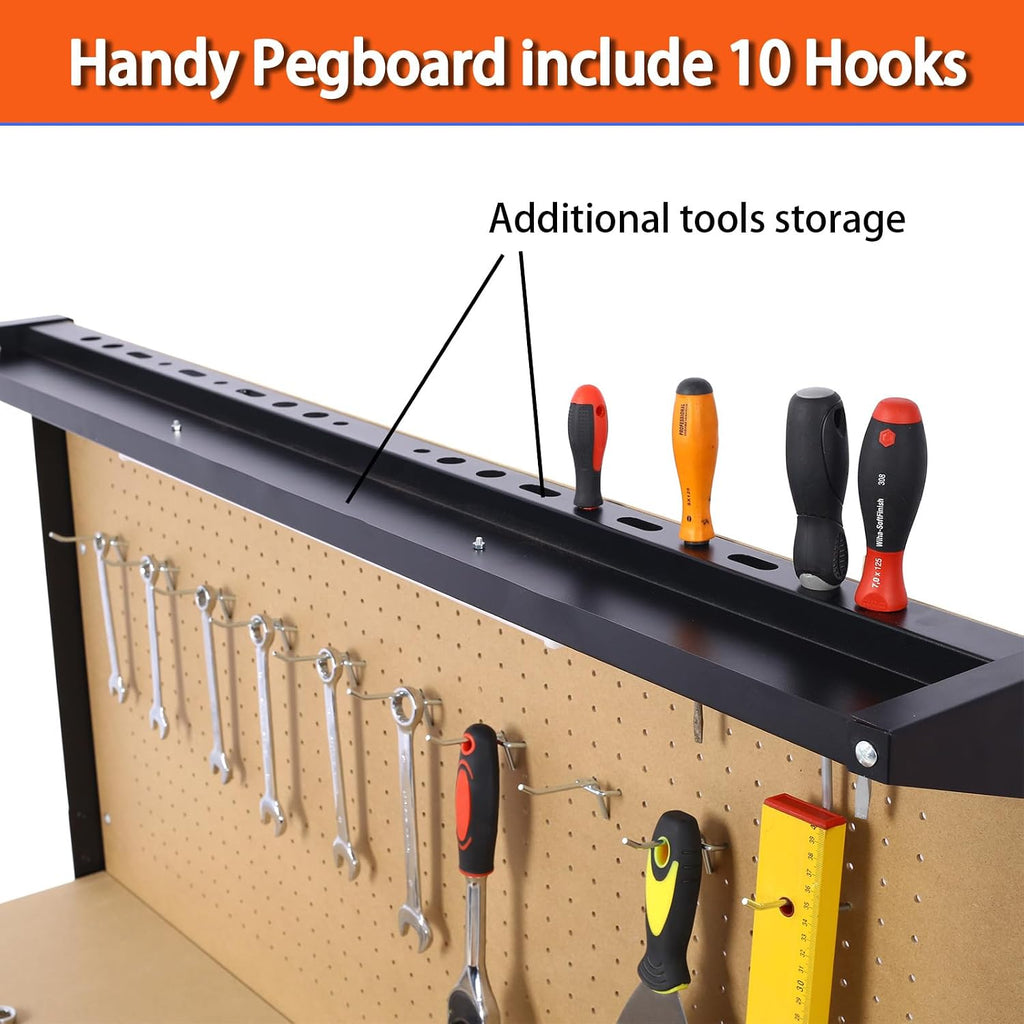 Workbench with Power Outlets and LED Light - Steel Workbench with 4xAC Outlets 2xUSB Ports, Garage Work Bench with Drawer and Peg Board, Workshop Tools Table, Mens Gifts, 59' H x 48' L x 24' D