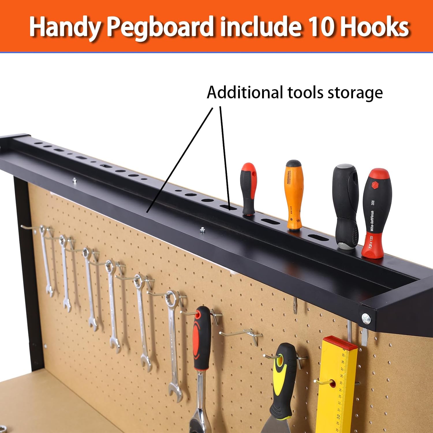 Workbench with Power Outlets and LED Light - Steel Workbench with 4xAC Outlets 2xUSB Ports, Garage Work Bench with Drawer and Peg Board, Workshop Tools Table, Mens Gifts, 59' H x 48' L x 24' D