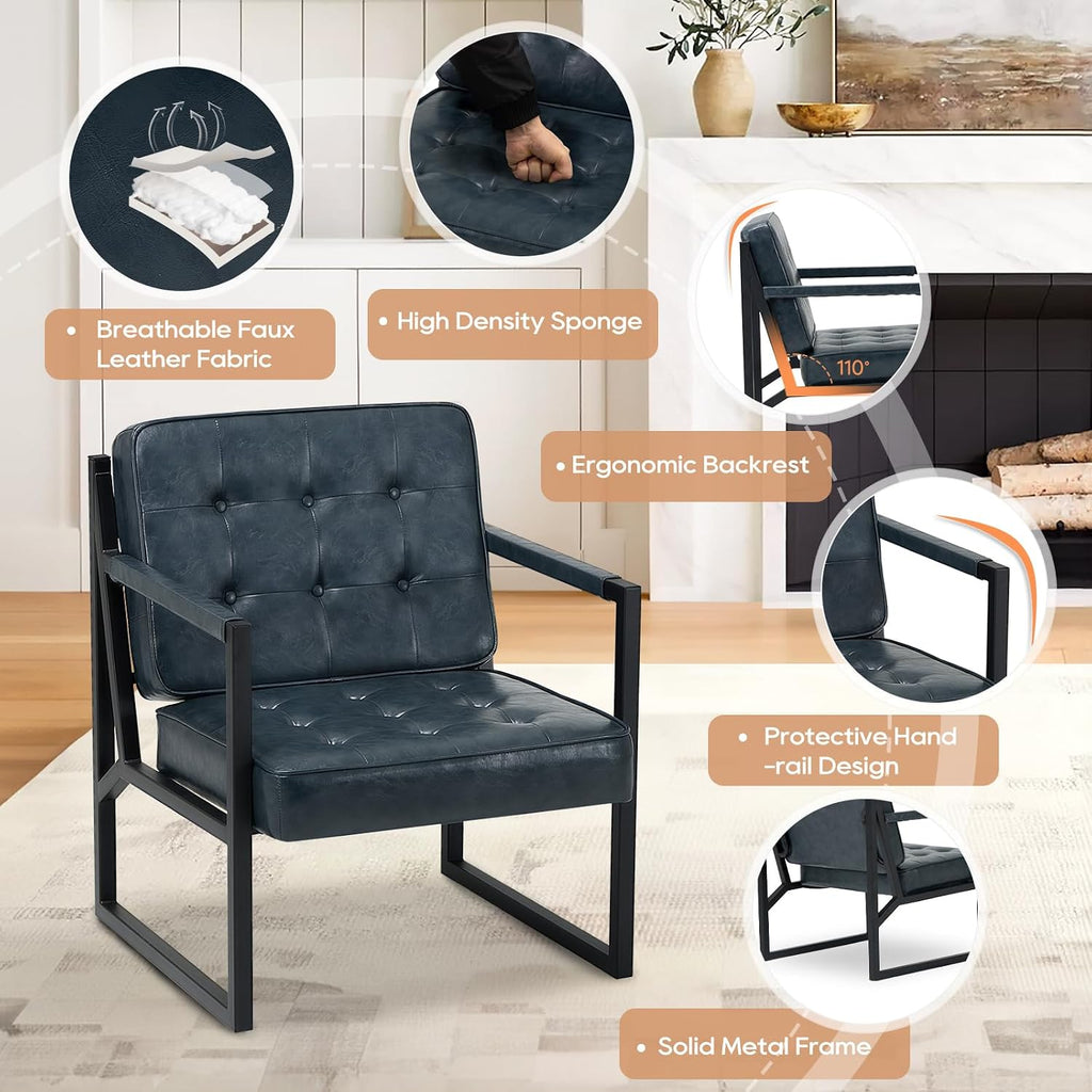 MALOL Accent Chairs Set of 2, Modern Accent Arm Chairs for Living Room, Comfy Leather Armchairs with Metal Legs for Bedroom Reception Room, Blue