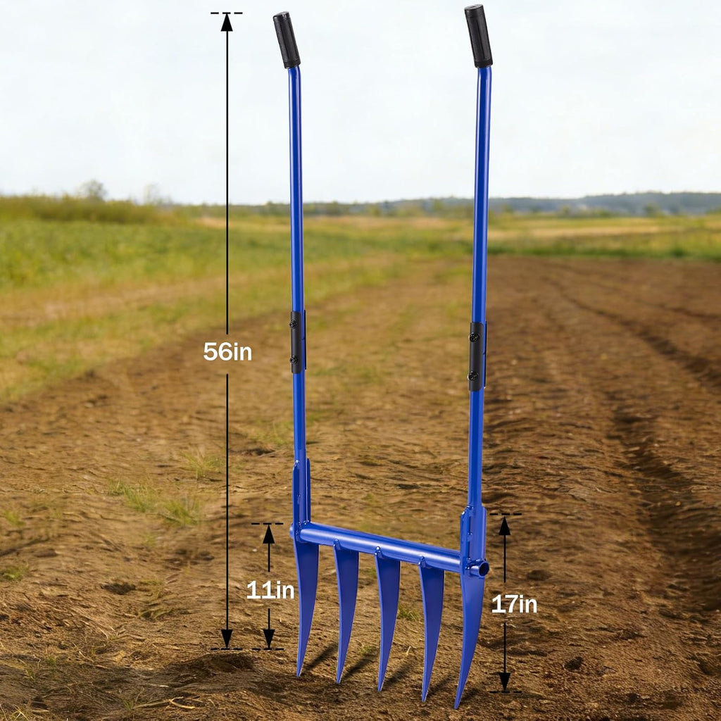 56'' Heavy Duty Broadfork for All the Soils, Unbreakable Design Pitchfork, 5 Sharp and Cambered 11'' Tines Bord Fork Garden Tool, Ergonomic Handles, Good Package, Easy Assembly, Blue.