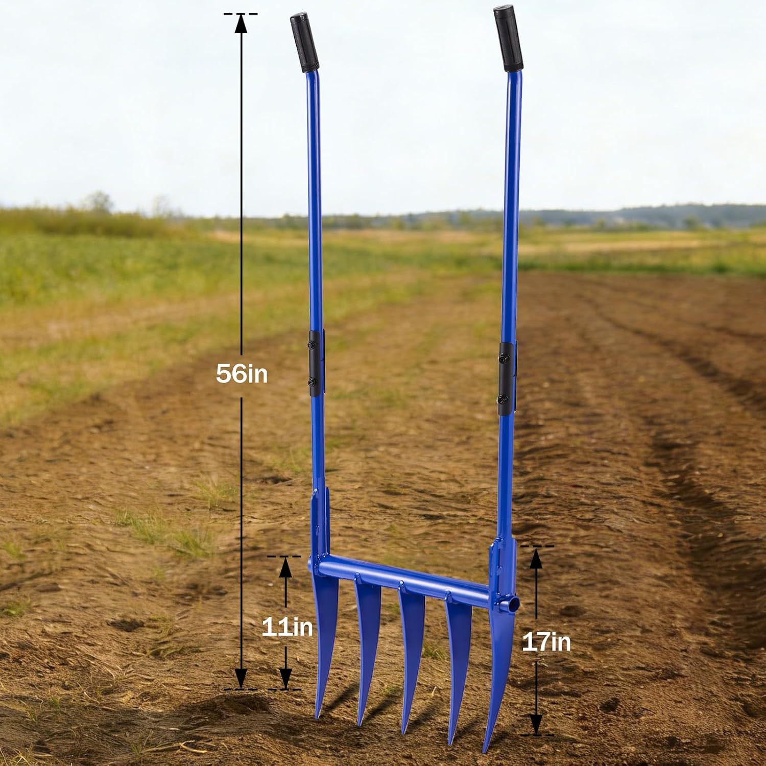 56'' Heavy Duty Broadfork for All the Soils, Unbreakable Design Pitchfork, 5 Sharp and Cambered 11'' Tines Bord Fork Garden Tool, Ergonomic Handles, Good Package, Easy Assembly, Blue.