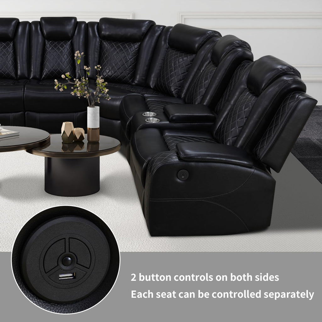 Power Recliner Sofa Sectional Couch with LED Light for Living Room,Leather Reclining Corner Sectional Sofa with 2 Recliner Seats,Cup Holder,Storage Console for House/Home Theater, Black