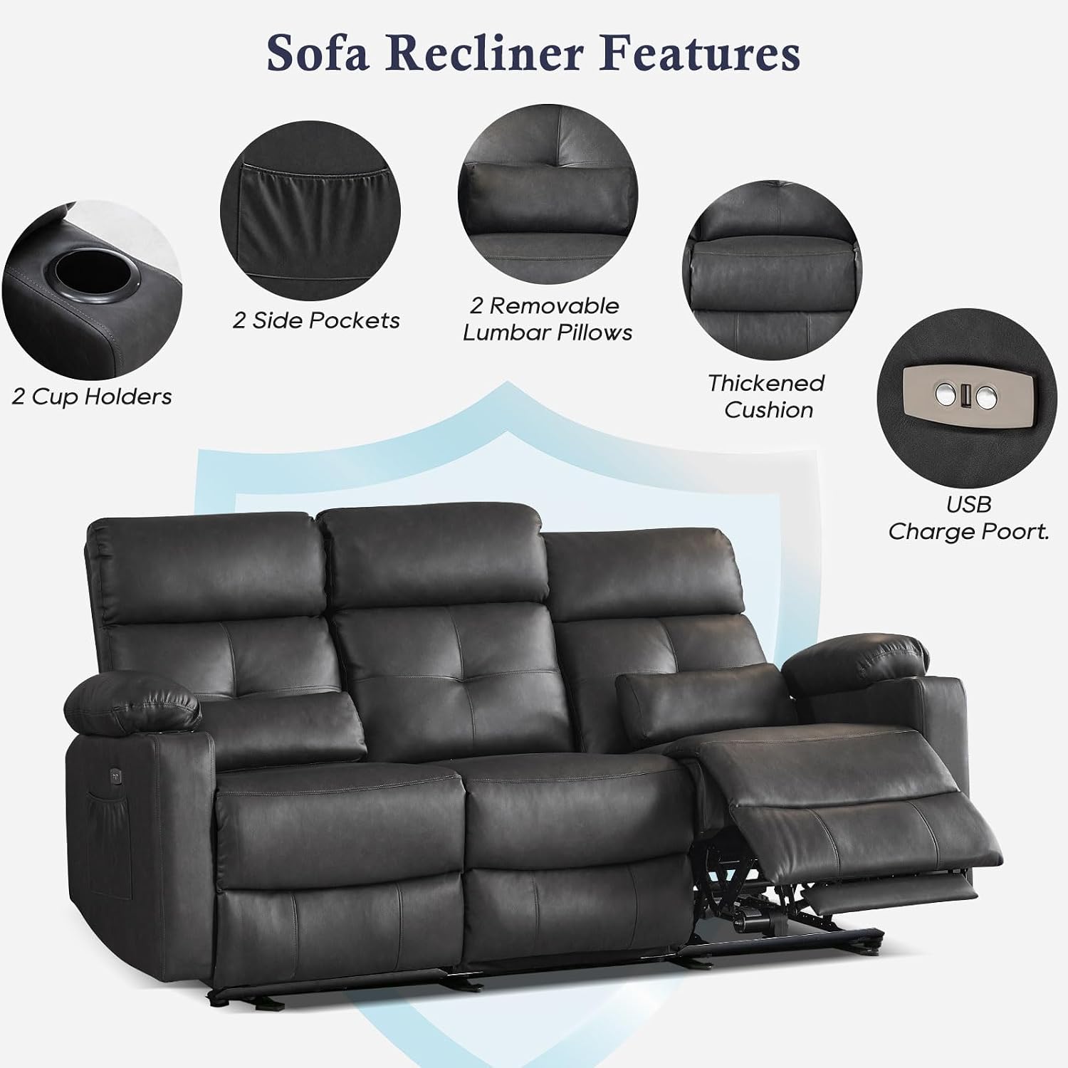 Power Reclining Sofa with Heat and Massage, Electtric Reclining Couch with Extended Footrest, Recliner Sofa 3 Seater with USB Ports, Cup Holders for Living Room, Home Seating