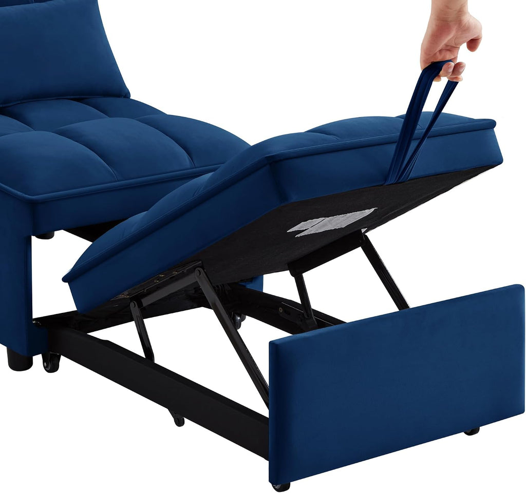 3 in 1 Convertible Sleeper Sofa Chair, Velvet Tufted Single Pull Out Couch Bed with Adjustable Backrest and Pillow, Multi-Function Chaise Lounge with Pockets, for Livingroom, Home Office,Navy