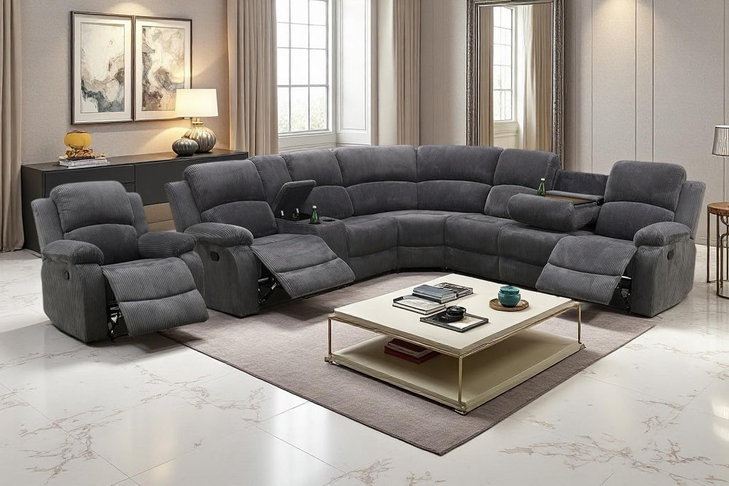A Ainehome Furniture Sectional Couch Recliner Sofa Set with Storage, Corduroy Sofa Sets Manual Reclining Sectional Couches for Living Room with 3 Recliner Seats(Living Room Set, Dark Grey)