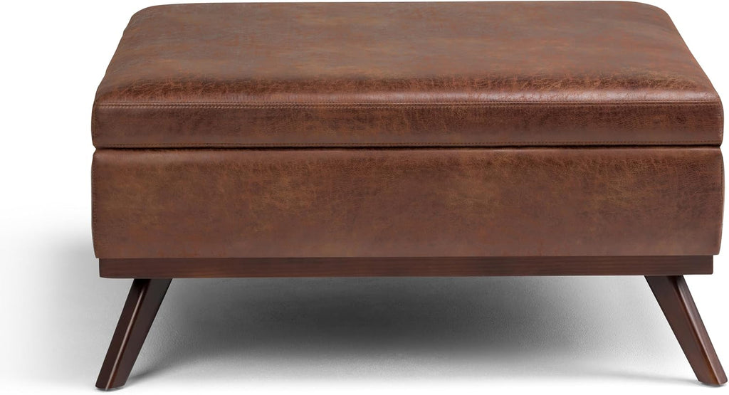 SIMPLIHOME Owen Square Coffee Table Storage Ottoman - 36 inch Wide Upholstered Vegan Leather Lift-Top Ottoman in Distressed Saddle Brown, Mid-Century Modern Ottoman for Living Room with Tufted Detail