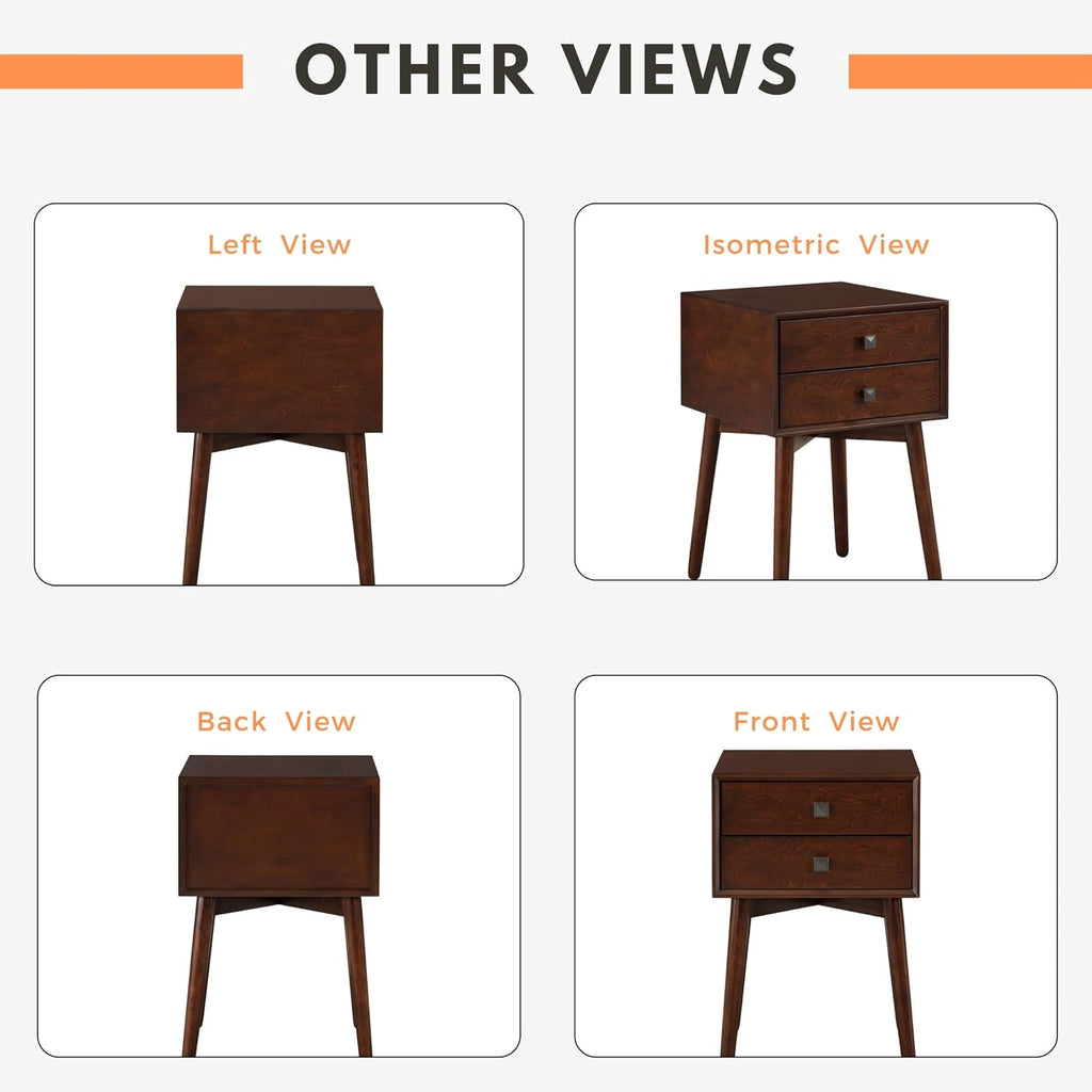 24/7 Shop at Home Goerge Mid-Century Modern Nightstand, Solid Rubber Wood Dresser, Small Bedside Tables with 2 Drawers, with Tapered Legs for Bedroom, Living Room, Home Office, Espresso Brown