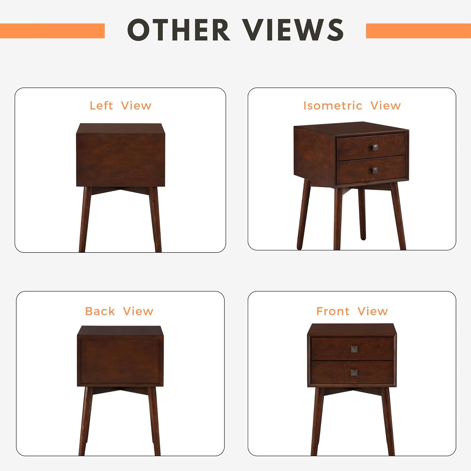24/7 Shop at Home Goerge Mid-Century Modern Nightstand, Solid Rubber Wood Dresser, Small Bedside Tables with 2 Drawers, with Tapered Legs for Bedroom, Living Room, Home Office, Espresso Brown