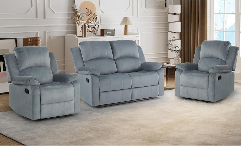 CANMOV Manual Recliner Sofa Set,Reclining Couch Furniture Set for Living Room, Includes 2 Recliner Chair and 1 Loveseat for Home Theater and Office, Grey