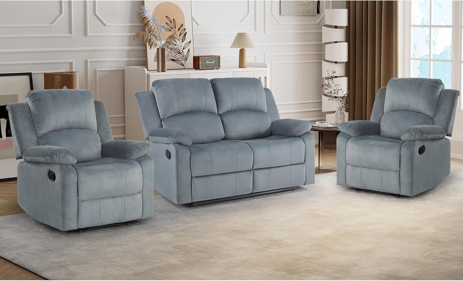 CANMOV Manual Recliner Sofa Set,Reclining Couch Furniture Set for Living Room, Includes 2 Recliner Chair and 1 Loveseat for Home Theater and Office, Grey