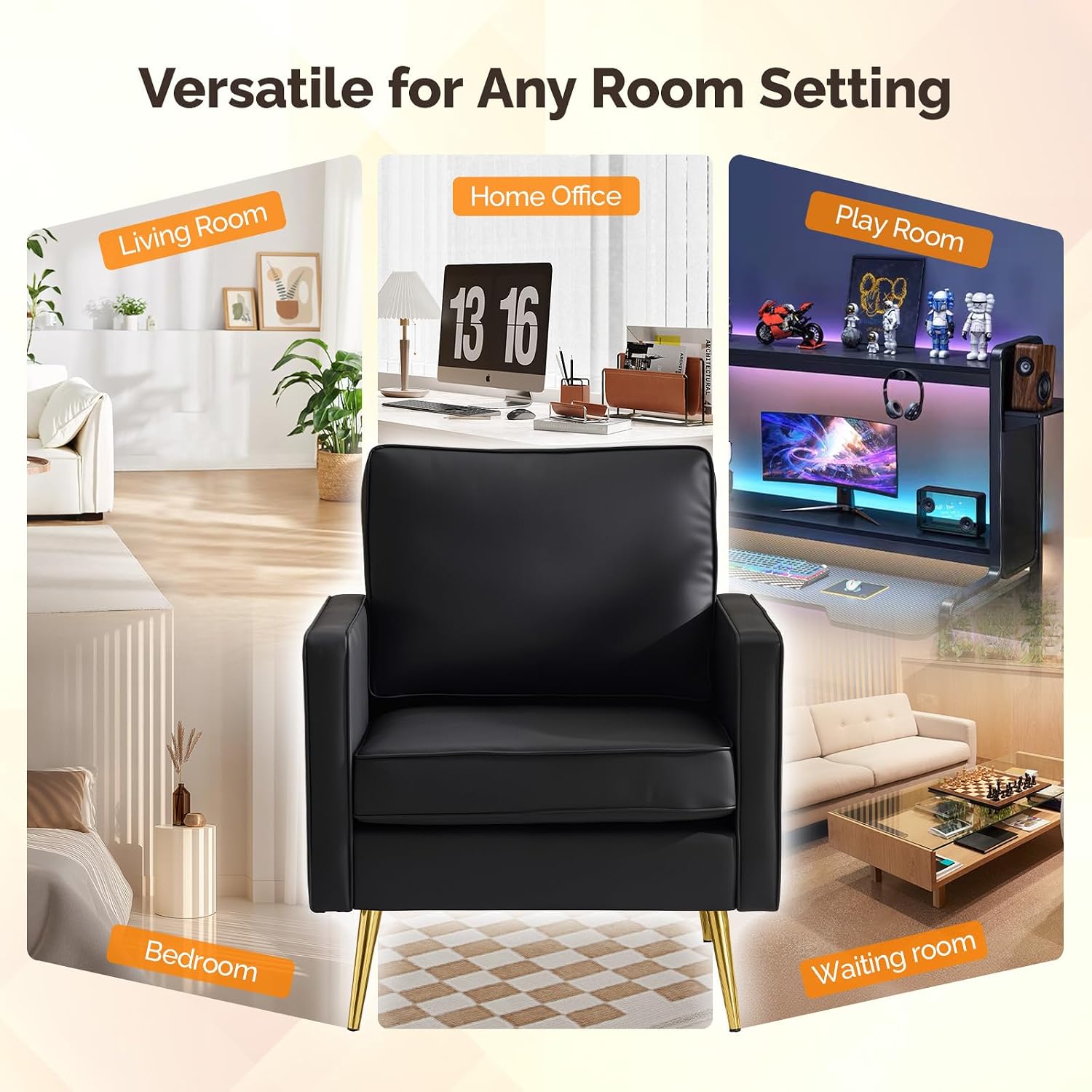 VINGLI PU Leather Accent Chairs Set of 2, Mid-Century Modern Living Room Chairs with Removable Cushions, Gold Legs, Upholstered Sofa Armchair for Bedroom, Office, Apartment, Play Room