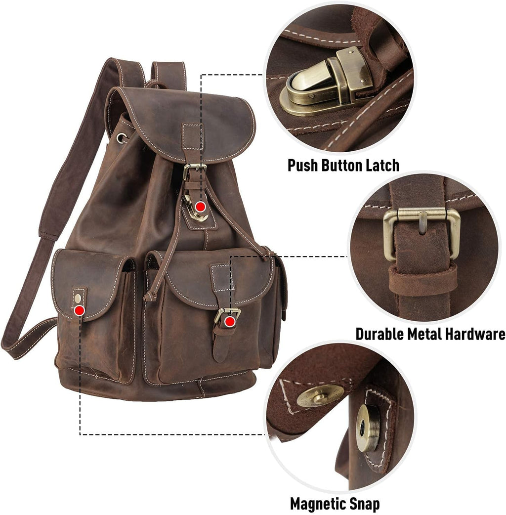 Polare Vintage Full Grain Leather Rucksack Backpack Casual Travel Satchel Bag Daypack For Men Women