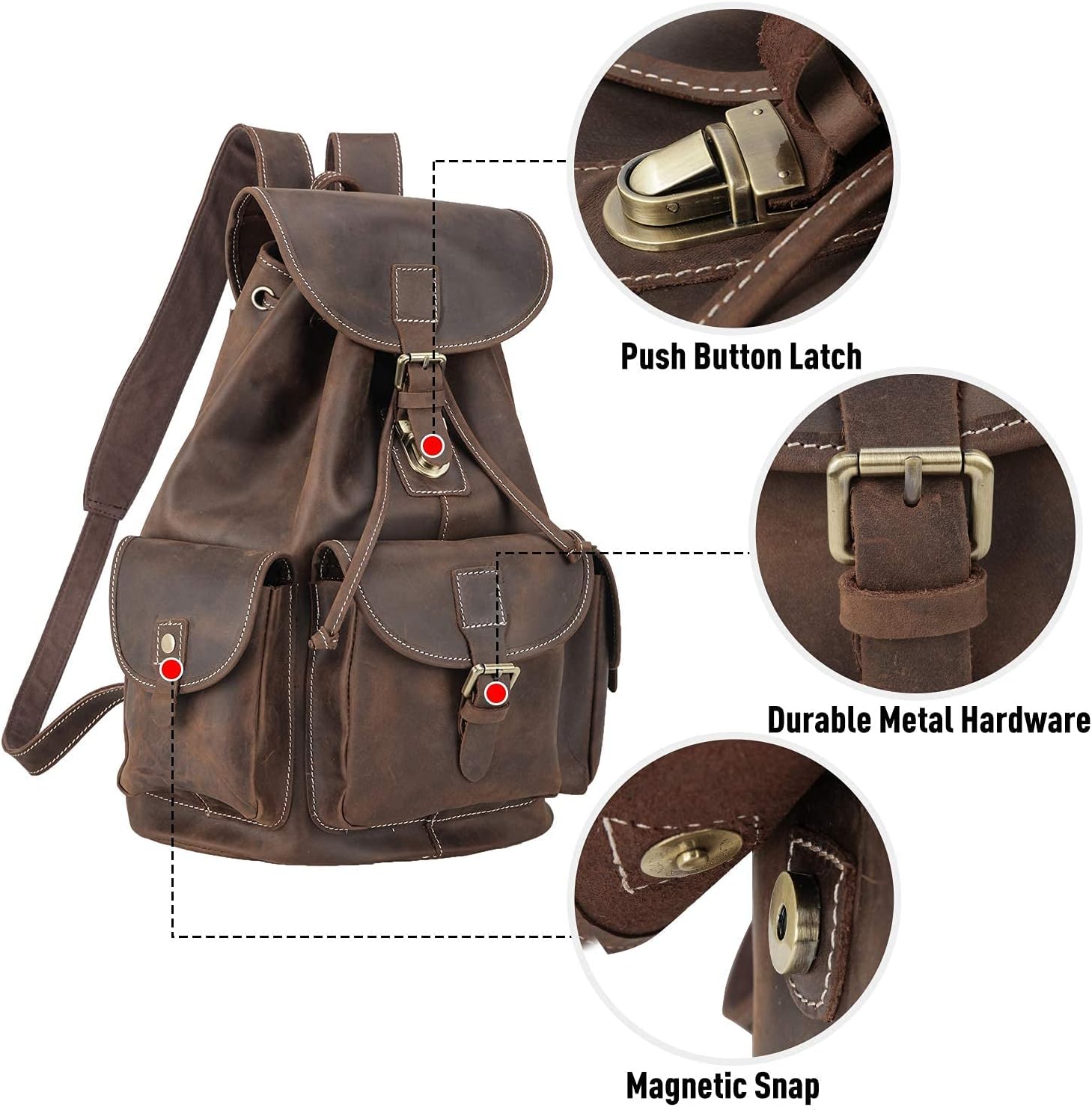 Polare Vintage Full Grain Leather Rucksack Backpack Casual Travel Satchel Bag Daypack For Men Women
