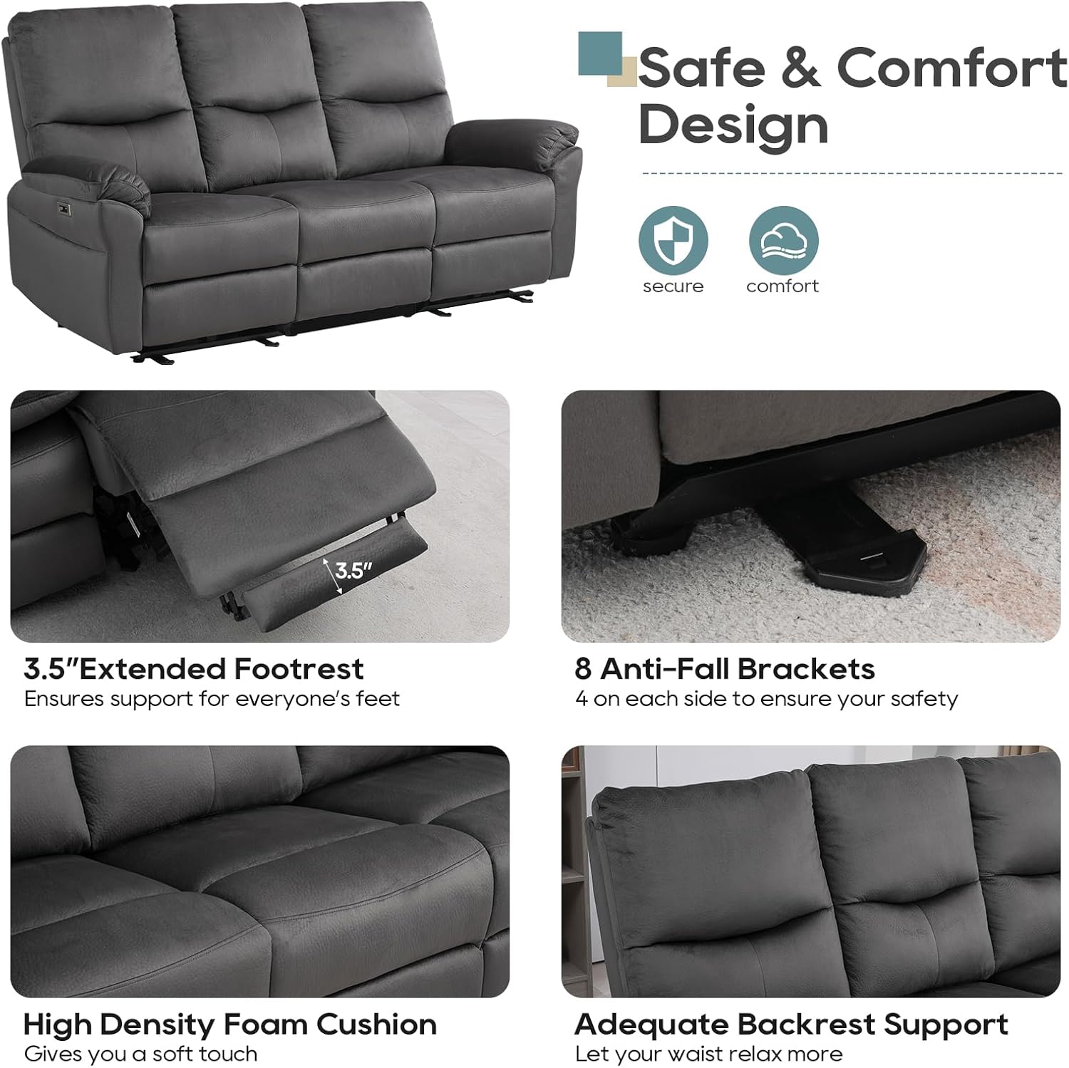 Reclining Sofa, Power Reclining Sofa with Drop-Down Table & Cup Holders, Modern 3 Seat Power Reclining Couch, Wall Hugger Sofa Recliner for Living Room Furniture Sets(Dark Gray) | Console