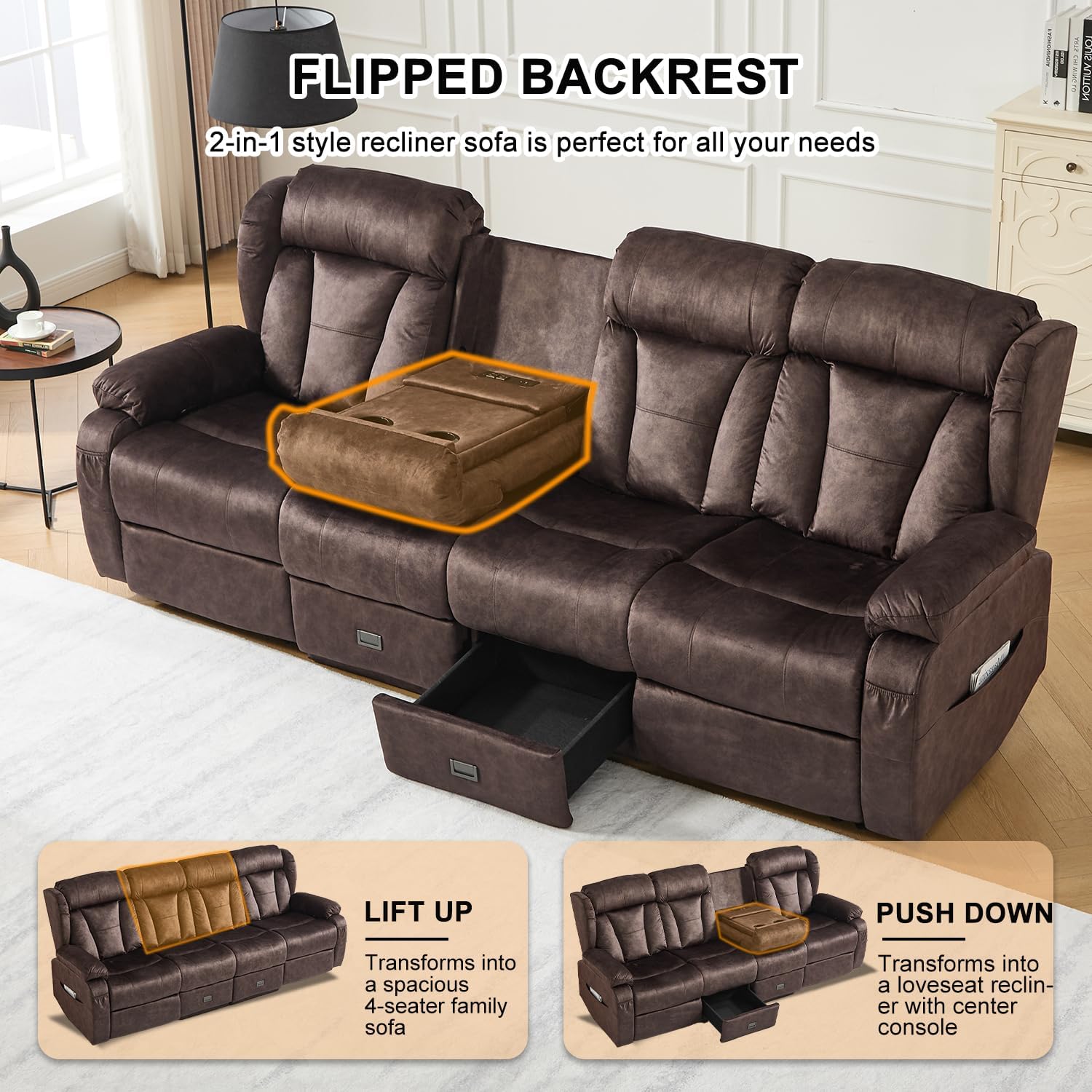 Loveseat Recliner Sofa,4 Seater Recliner Couch, Manual Reclining Loveseat with Console for Living Room, Home Theater Seating with AC/USB C/USB Ports Drawer Cup Holder(Velvet Brown, 4 Seater)