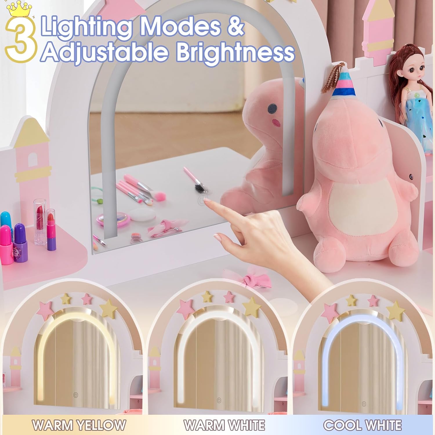 Karl home Kids Vanity Set with Lighted Mirror and Stool, Princess Makeup Vanity Desk with Bookshelf & Drawers, Toddler Dressing Table and Chair Set with Storage Shelves for Little Girls, White