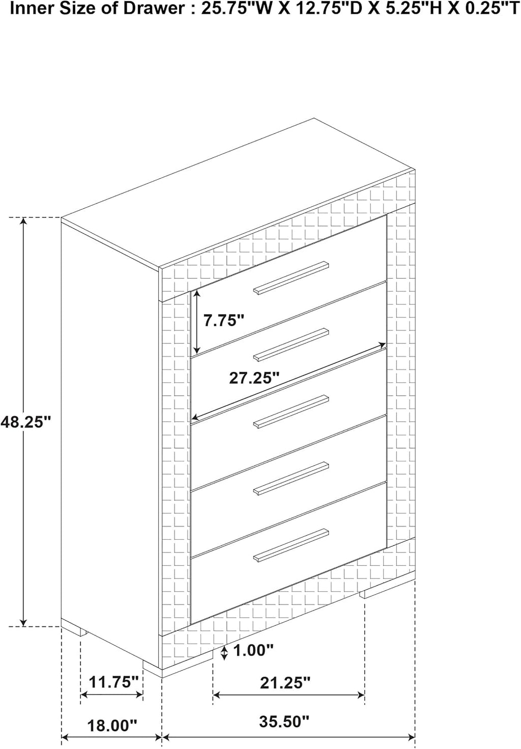 Coaster Home Furnishings - Ives - Wood - 5-Drawer Chest with 3-Dimensional Diamond Tile, Felt-Lined Top Drawer and Metal Glides - Contemporary - Bedroom - White High Gloss - 224945