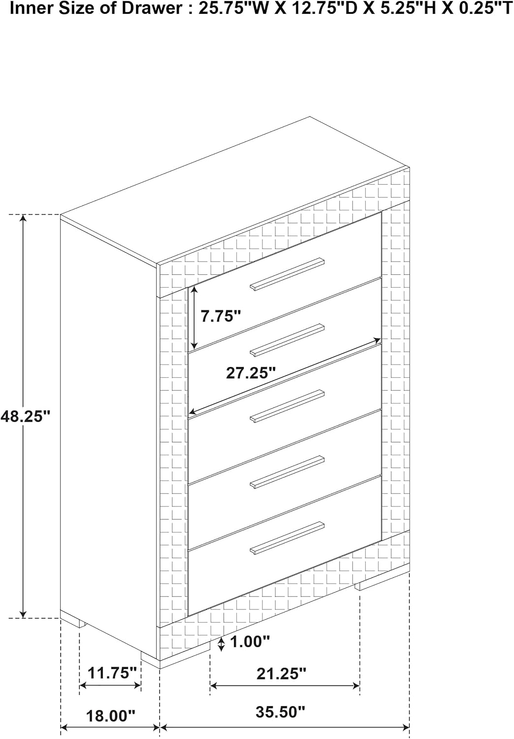 Coaster Home Furnishings - Ives - Wood - 5-Drawer Chest with 3-Dimensional Diamond Tile, Felt-Lined Top Drawer and Metal Glides - Contemporary - Bedroom - White High Gloss - 224945