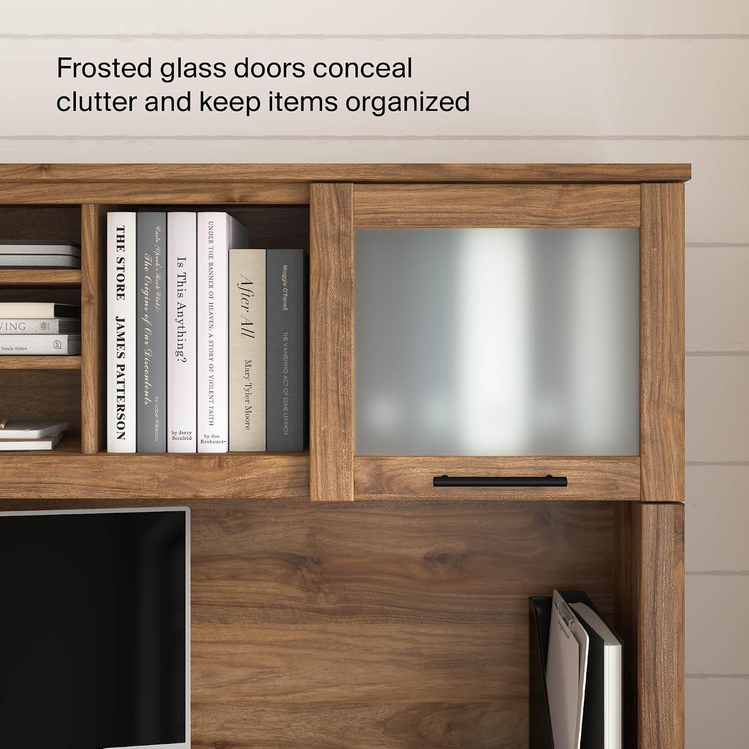 Bush Home 72-Inch Desk Hutch, Office Storage Organizer with Shelves, Cubbies and Frosted Glass Doors for Computer Desk, Home Office Furniture, Somerset Collection, Fresh Walnut