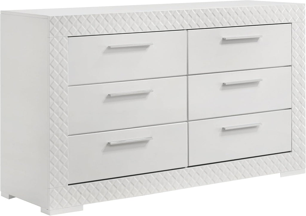 Coaster Home Furnishings - Ives - Wood - 6-Drawer Dresser with Contemporary Style, Tile Emboss, Felt-Lined Top, Metal Handles, Metal Extension Glides - Bedroom - White High Gloss - 224943