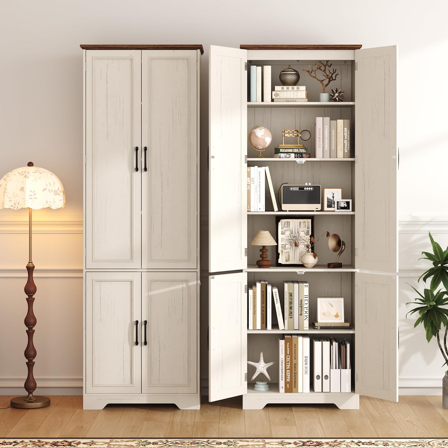 Function Home Farmhouse Kitchen Pantry Cabinet, 72' Tall Storage Cabinet with Doors and Adjustable Shelves, 6 Tier Freestanding Cupboard for Dining Room Living Room Bathroom, Antique White & Brown Top