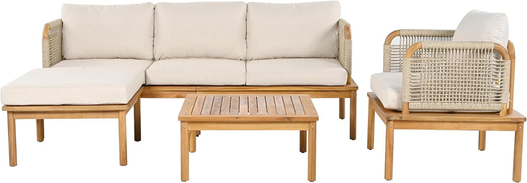 Christopher Knight Home Coby 4-Piece Acacia Wood Patio Furniture Set, Outdoor Conversation Sofa Set with Club Chair, Coffee Table and Ottoman, Patio Sectional Chat Set for Backyard/Balcony, Teak+Beige