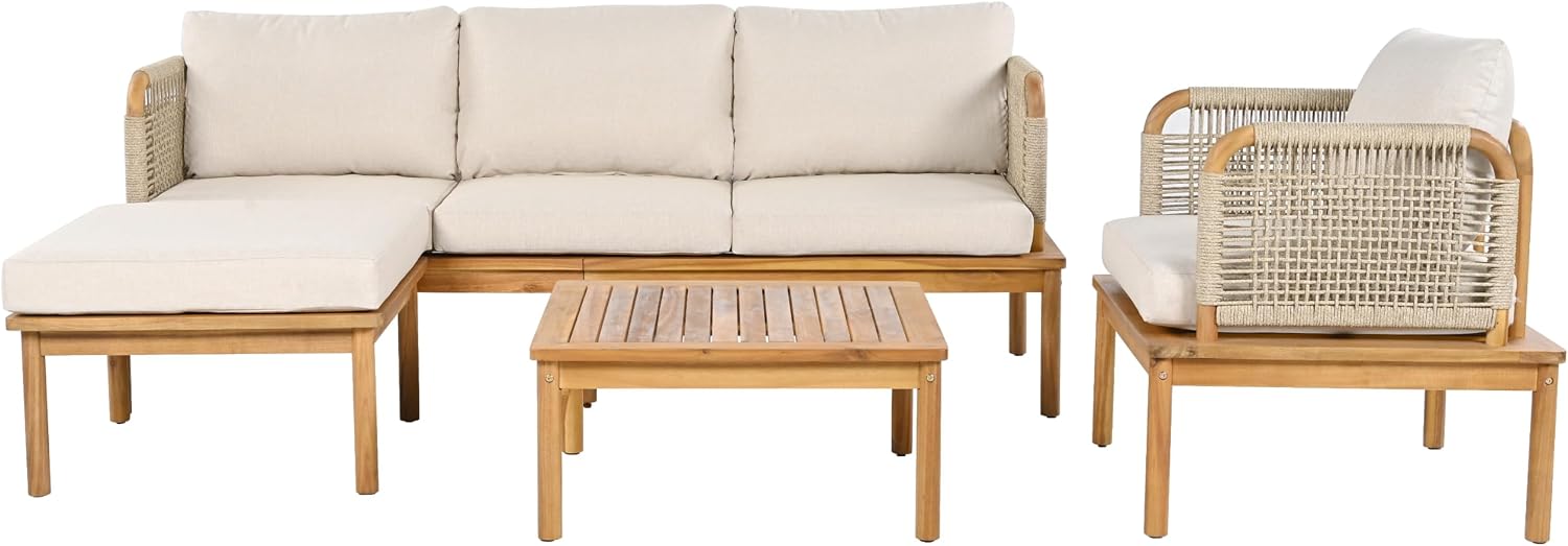 Christopher Knight Home Coby 4-Piece Acacia Wood Patio Furniture Set, Outdoor Conversation Sofa Set with Club Chair, Coffee Table and Ottoman, Patio Sectional Chat Set for Backyard/Balcony, Teak+Beige