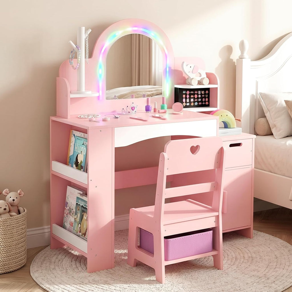 INFANS Kids Vanity with Lights, Princess Makeup Desk with Mirror, Jewelry Hanger, Fabric Drawers, Toddler Table and Chair Set Pretend Play for Girls