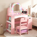 INFANS Kids Vanity with Lights, Princess Makeup Desk with Mirror, Jewelry Hanger, Fabric Drawers, Toddler Table and Chair Set Pretend Play for Girls
